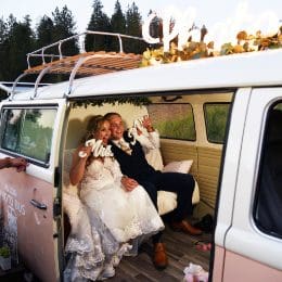 bride & groom in a van